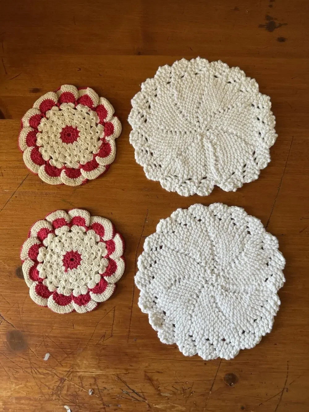 Vintage Crochet Pot Holder Bundle Set 4 Handmade Kitchen Decor White Red Cream
